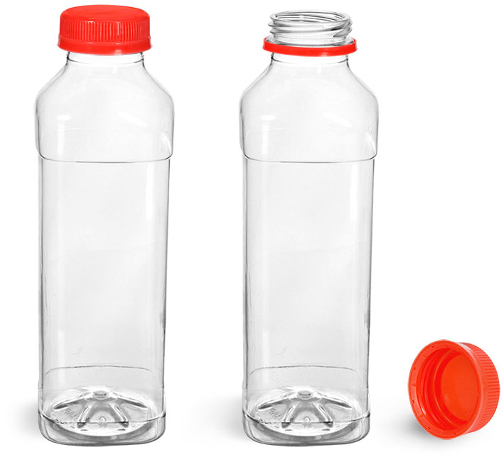 Plastic Bottles, Clear PET Beverage Bottles w/ Red Polypro Tamper Evident Caps