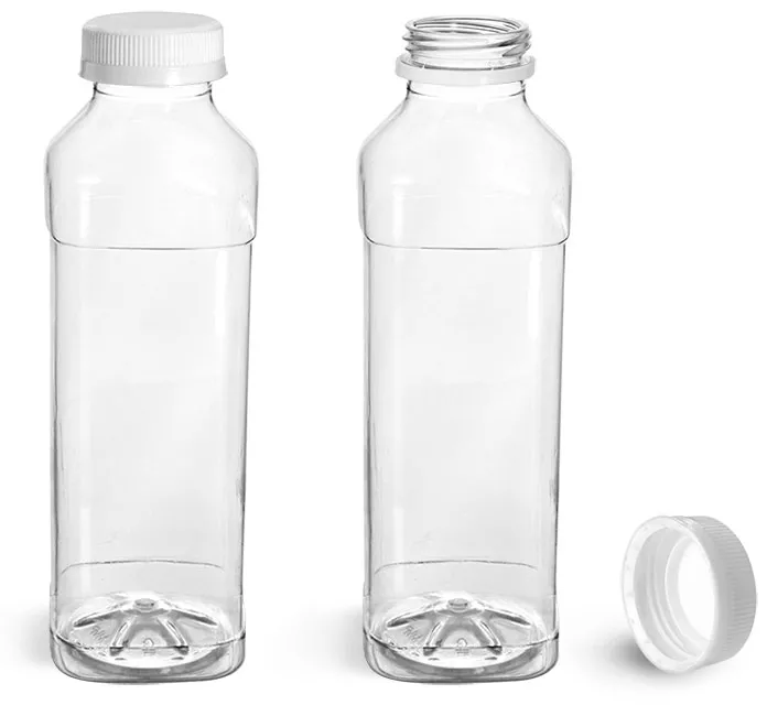 16 oz Clear PET Beverage Bottles w/ White Polypro Tamper Evident Caps