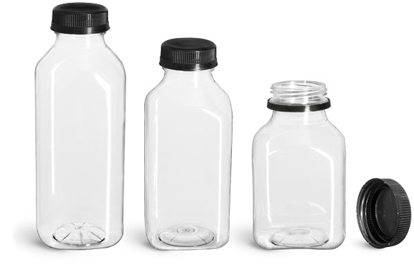 16 oz Clear PET Square Beverage Bottles w/ Black Polypropylene Tamper Evident Caps