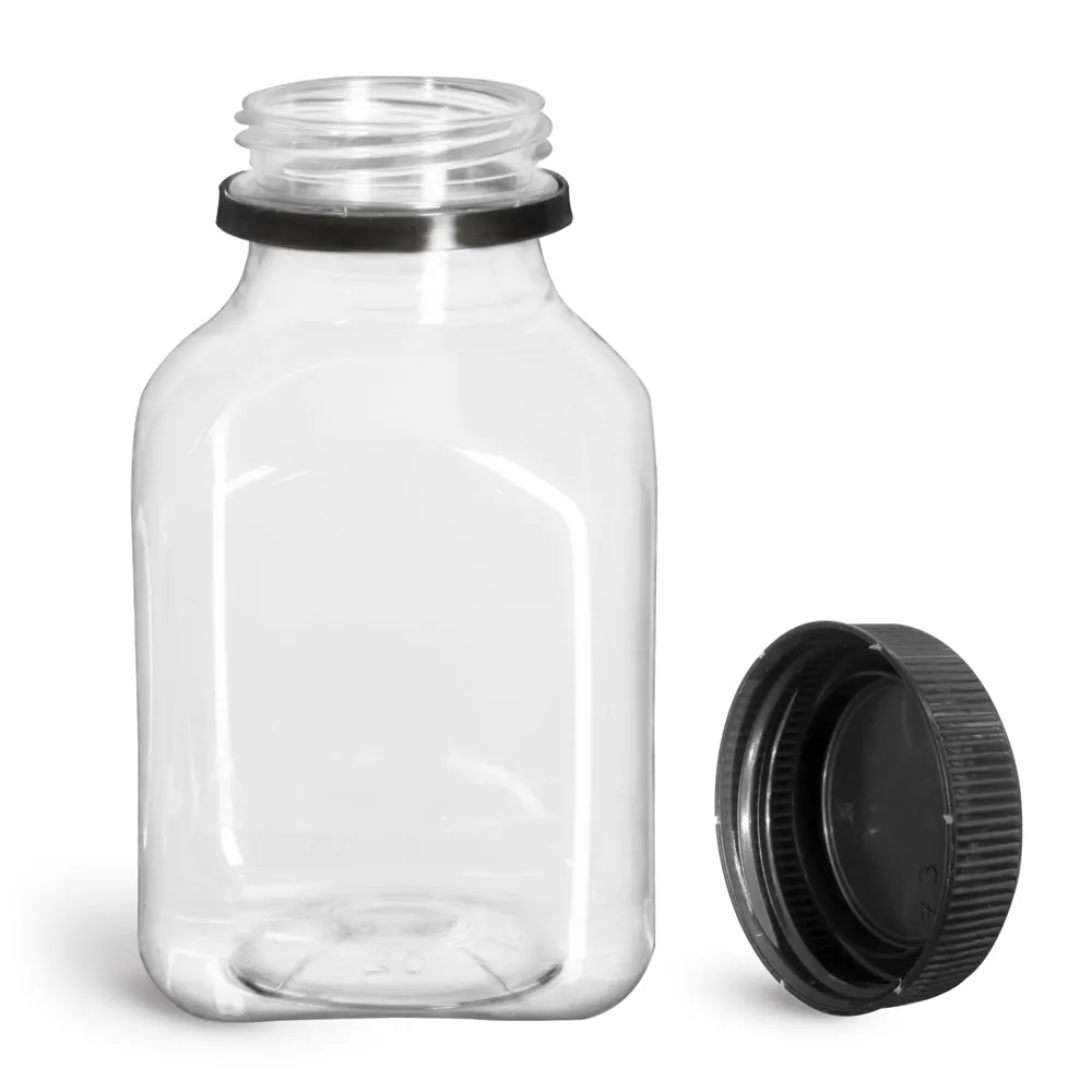 8 oz Clear PET Square Beverage Bottles w/ Black Polypropylene Tamper Evident Caps