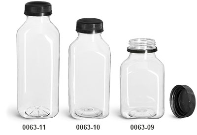 Plastic Bottles, Clear PET Square Beverage Bottles w/ Black Polypro Tamper Evident Caps
