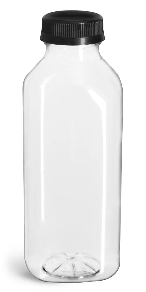 16 oz Clear PET Square Beverage Bottles w/ Black Polypropylene Tamper Evident Caps