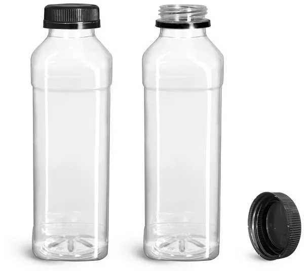 16oz Clear Pet Arched Plastic Square Beverage Bottles (Blue Tamper-Evident Cap) - Clear Pet Plastic 38 mm