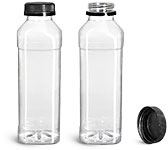 PET Plastic Bottles, Clear Beverage Bottles w/ Black Polypro Tamper Evident Caps