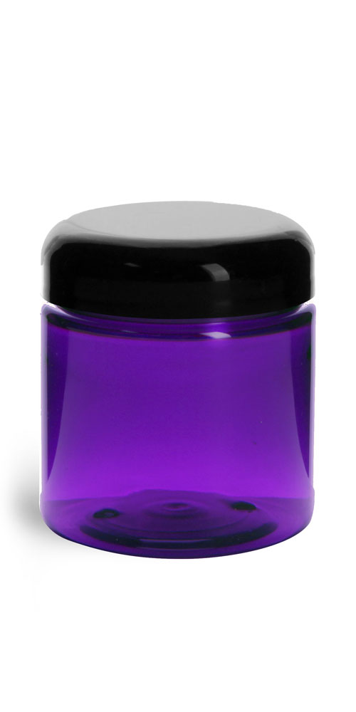 4 OZ PLASTIC JARS, PURPLE PET STRAIGHT SIDED JARS W/ BLACK SMOOTH LINED DOME CAPS