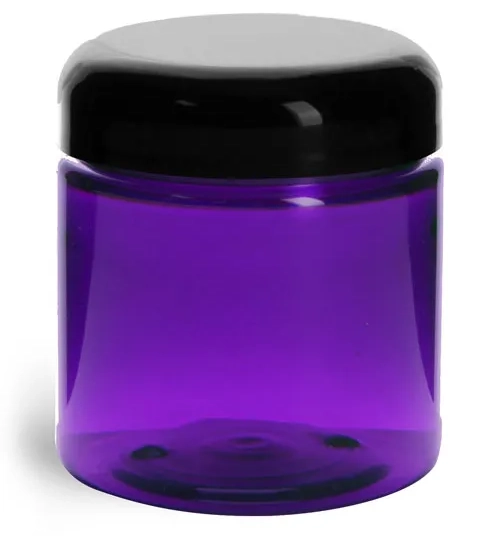 4 oz Plastic Jars, Purple PET Straight Sided Jars w/ Black Smooth Lined Dome Caps