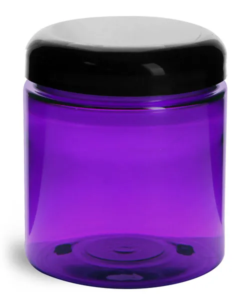 8 oz  Plastic Jars, Purple PET Straight Sided Jars w/ Black Smooth Lined Dome Caps
