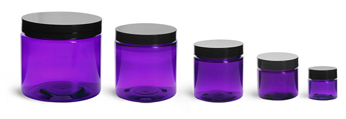 PET Plastic Jars, Purple Straight Sided Jars w/ Black Smooth Lined Cap