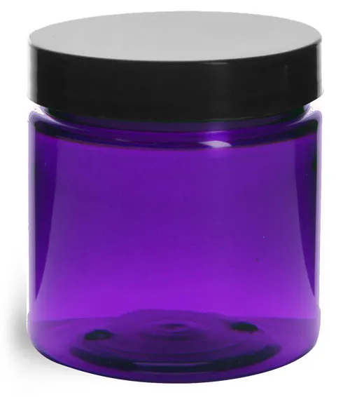 4 oz Plastic Jars, Purple PET Straight Sided Jars w/ Black Smooth Lined Cap