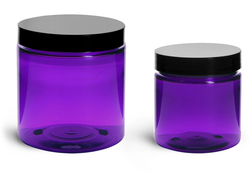 PET Plastic Jars, Purple Straight Sided Jars w/ Black Smooth Lined Cap