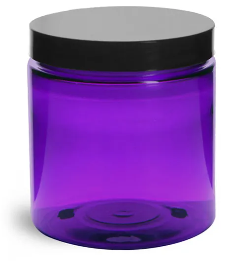 8 oz Plastic Jars, Purple PET Straight Sided Jars w/ Black Smooth Lined Cap