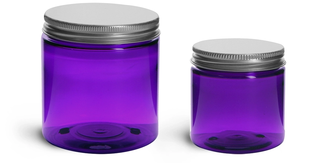 PET Plastic Jars, Purple Straight Sided Jars w/ Lined Aluminum Caps