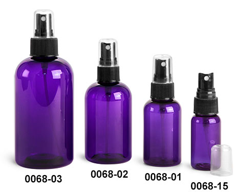 Plastic Bottles, Purple PET Boston Round Bottles w/ Black Fine Mist Sprayers