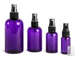 PET Plastic Bottles, Purple Boston Round Bottles w/ Black Fine Mist Sprayers