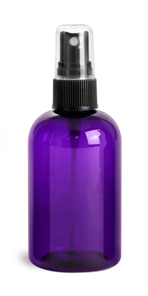 4 OZ PURPLE PET ROUND BOTTLES W/ BLACK FINE MIST SPRAYERS