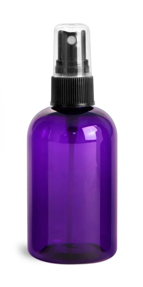 4 oz Purple PET Round Bottles w/ Black Fine Mist Sprayers