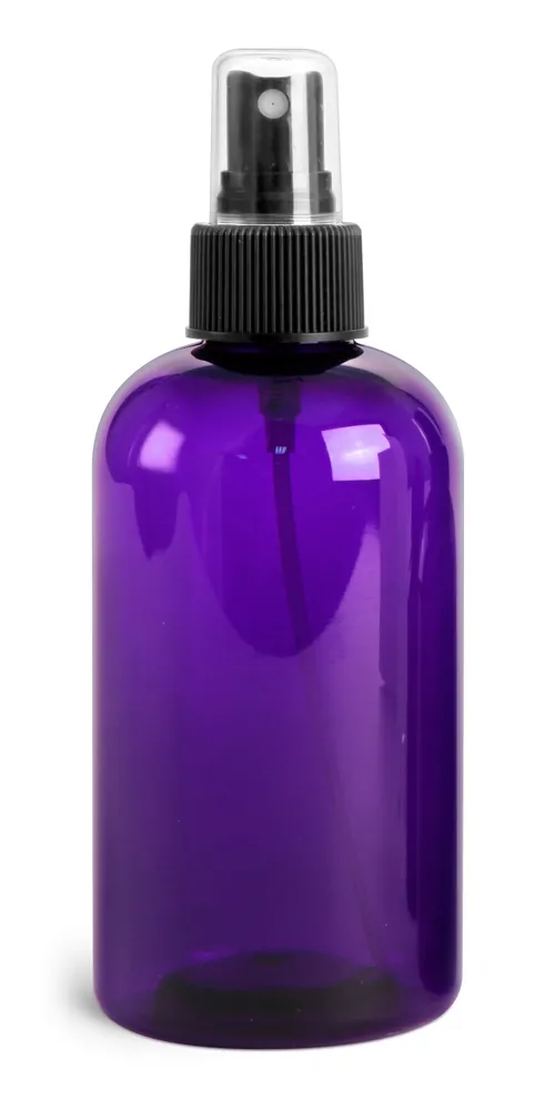 8 oz Purple PET Round Bottles w/ Black Fine Mist Sprayers
