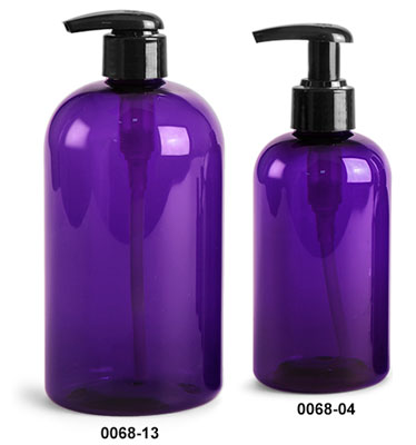 Plastic Bottles, Purple PET Boston Round Bottles w/ Black 2cc Lotion Pumps