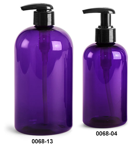 Plastic Bottles, Purple PET Boston Round Bottles w/ Black 2cc Lotion Pumps
