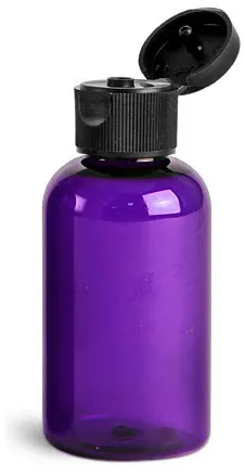 2 oz Purple PET Round Bottles w/ Black Ribbed Snap Top Caps