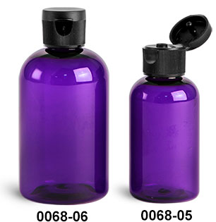 Plastic Bottles, Purple PET Boston Round Bottles w/ Black Ribbed Snap Top Caps