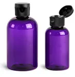 PET Plastic Bottles, Purple Boston Round Bottles w/ Black Ribbed Snap Top Caps