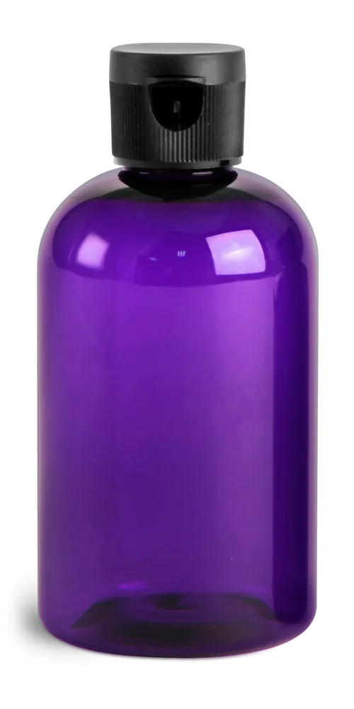 4 oz Purple PET Round Bottles w/ Black Ribbed Snap Top Caps
