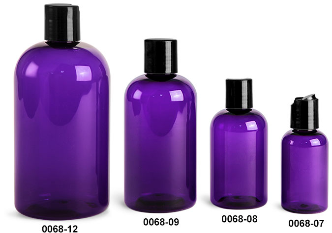 Plastic Bottles, Purple PET Boston Round Bottles w/ Black Disc Top Caps