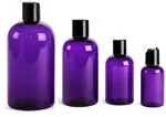 PET Plastic Bottles, Purple Boston Round Bottles w/ Black Disc Top Caps