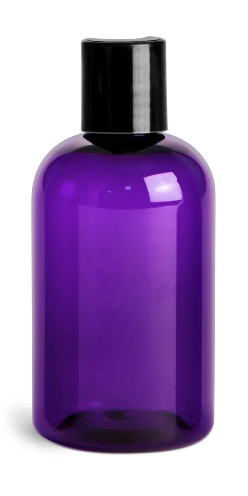 4 oz Purple PET Round Bottles w/ Black Disc Top Caps