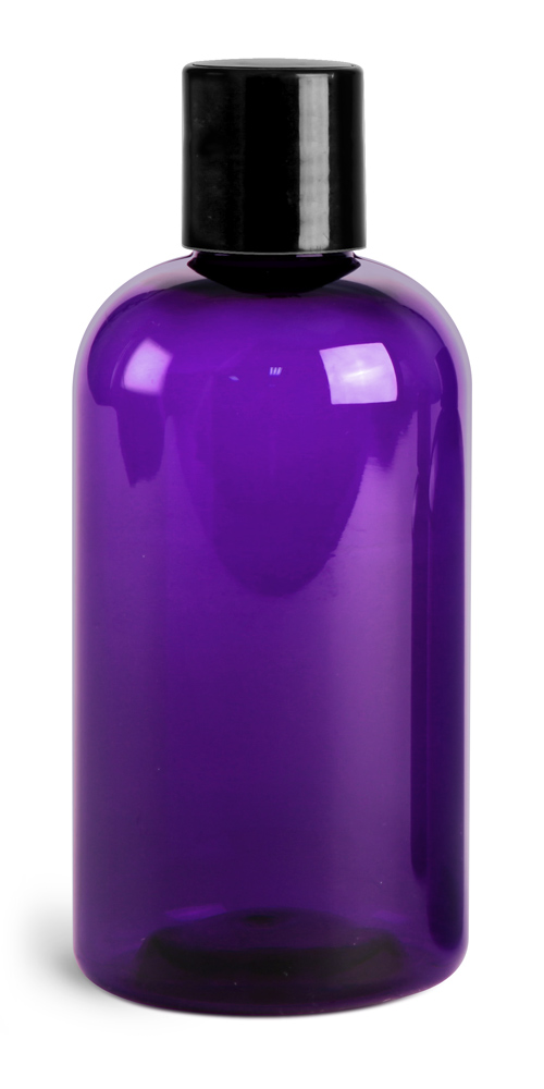 8 OZ PURPLE PET ROUND BOTTLES W/ BLACK DISC TOP CAPS