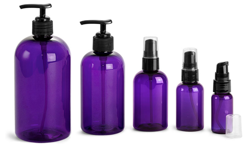 Purple PET Round Bottles w/ Black Treatment Pumps