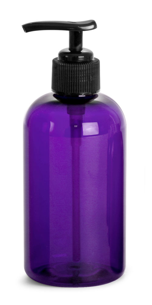 8 oz Purple PET Round Bottles w/ Black Lotion Pumps