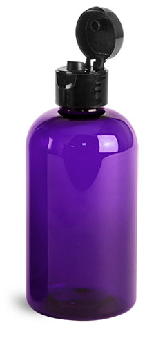 Plastic Bottles, Purple PET Boston Round Bottles w/ Black Smooth Snap Top Caps