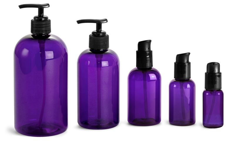 PET Plastic Bottles, Purple Boston Round Bottles w/ Black Lotion Pumps