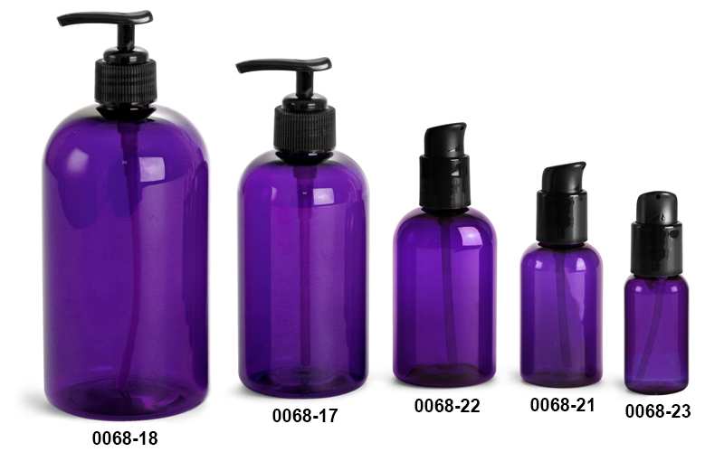 Plastic Bottles, Purple PET Round Bottles w/ Black Lotion Pumps