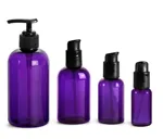 PET Plastic Bottles, Purple Boston Round Bottles w/ Black Lotion Pumps