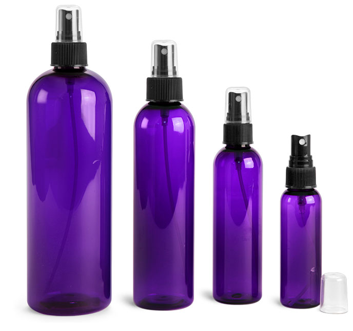 PET Plastic Bottles, Purple Cosmo Round Bottles w/ Black Fine Mist Sprayers