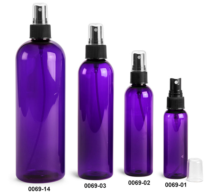 Plastic Bottles, Purple PET Cosmo Round Bottles w/ Black Fine Mist Sprayers