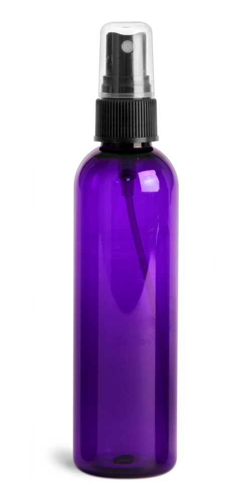 4 oz Purple PET Cosmo Round Bottles w/ Black Fine Mist Sprayers