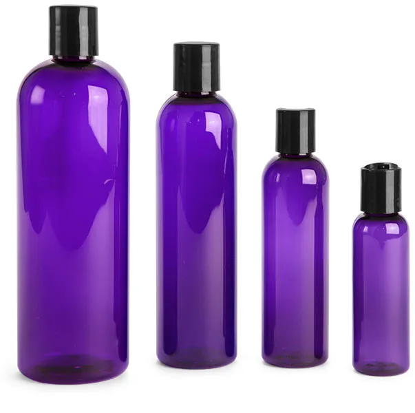 Purple PET Cosmo Round Bottles w/ Black Ribbed Snap Top Caps
