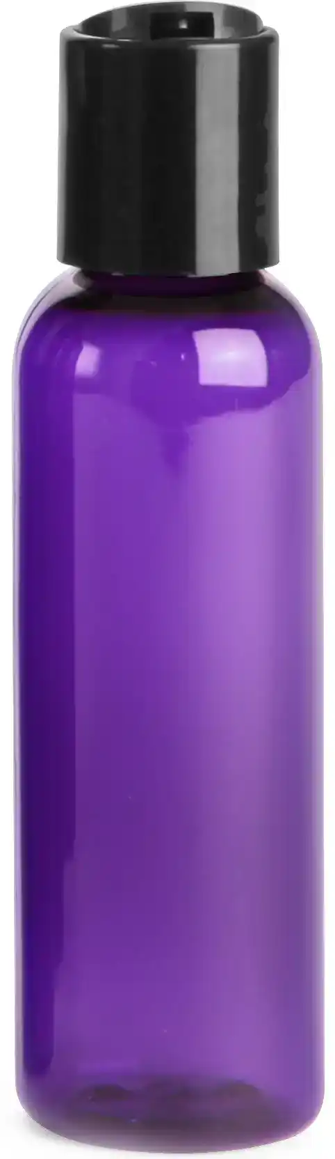 2 oz Purple PET Cosmo Round Bottles w/ Black Disc Top Caps