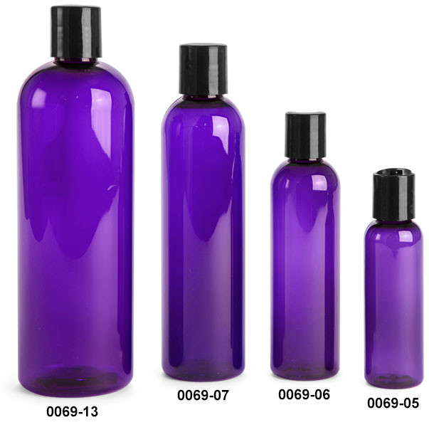 Plastic Bottles, Purple PET Cosmo Round Bottles w/ Black Disc Top Caps