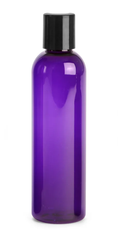 4 oz Purple PET Cosmo Round Bottles w/ Black Disc Top Caps