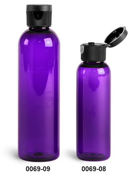 Plastic Bottles, Purple PET Cosmo Round Bottles w/ Black Ribbed Snap Top Caps