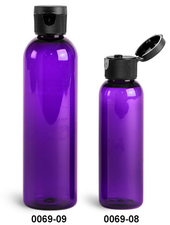 Plastic Bottles, Purple PET Cosmo Round Bottles w/ Black Ribbed Snap Top Caps