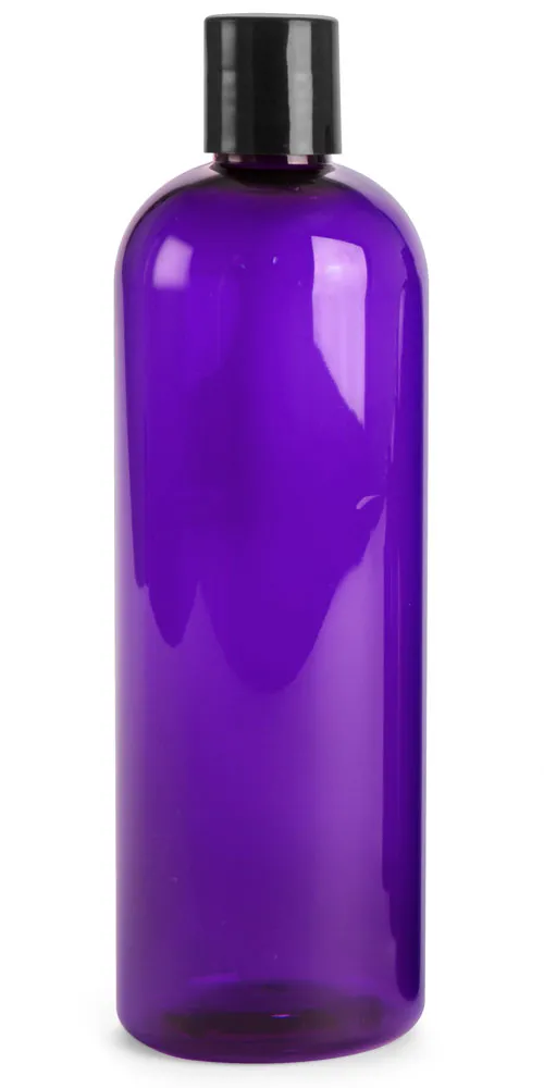 16 oz Purple PET Cosmo round bottles w/ Black Disc Top Caps