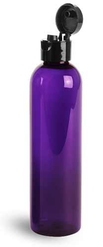 Plastic Bottles, Purple PET Cosmo Round Bottles w/ Black Smooth Snap Top Caps