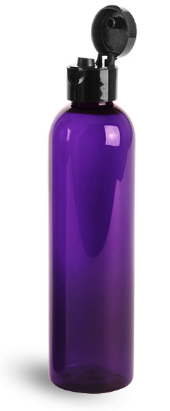 PET Plastic Bottles, Purple Cosmo Round Bottles w/ Black Smooth Snap Top Caps