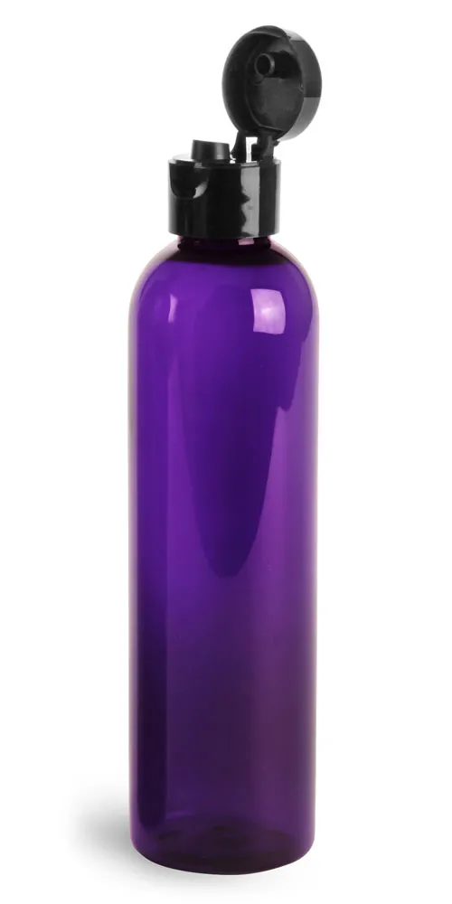 8 oz Plastic Bottles, Purple PET Cosmo Rounds w/ Black Smooth Snap Top Caps